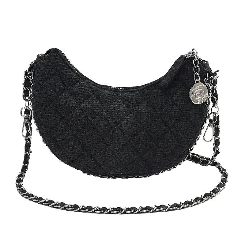 Denim bag women's new 2023 fashion rhombic chain Messenger bag Niche summer casual all-match crescent bag