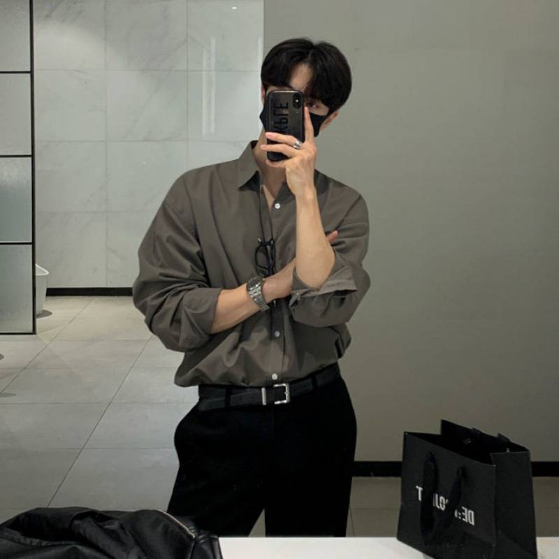 Long sleeved shirt men's autumn senior sense men's Korean version slim fitting inch shirt coat men's solid casual shirt