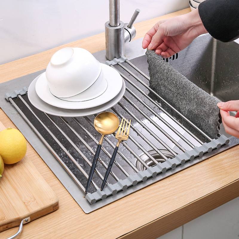 A8015 Multifunctional Foldable Silica Gel Stainless Steel Sink Kitchen Drain Rack for Plate Cups Fruits Vegetables