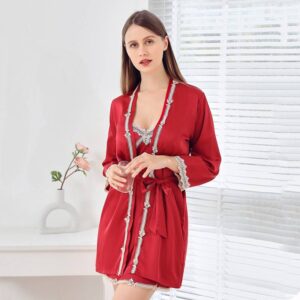 Imitation silk pajamas women’s spring and summer new ice silk sexy suspender nightgown two-piece European and American cross-border lace home ser