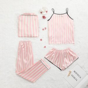 new spring and summer fashion women’s ice silk four-piece suspender pajamas women’s thin striped sweet home clothes