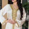 Middle Eastern New Women’s Dress Embellished with Rhinestone Lace Long Robe Muslim White Satin Floral Dress.