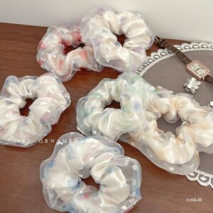 Fairy double layer organza flower printed hair bands women girls hair scrunchies