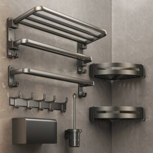 Gunmetal Gray Towel Rack Space Aluminum No-Punch Bathroom Bathroom Shelf Folding Bathroom Towel Rack Set