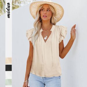 GMD 2023 Summer hot sale New V Collar lace-up flounce sleeve casual fashion women’s clothing satin