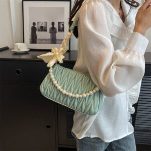 Niche design fashion pearl women’s bag 2023 new foreign style fold embroidery thread Korean version retro one shoulder small square bag