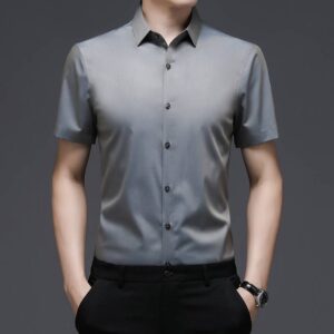 Short-Sleeved Shirt Men’s Non-Iron Business Casual Pure Color Thin Silky Bamboo Fiber Summer New Clothing