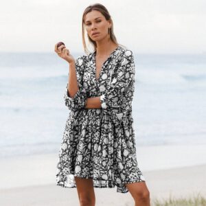 2023 summer European and American fashion women’s floral floral tied rope loose casual cotton dress seaside holiday short skirt on behalf of the