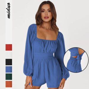 Maining Women’s Shorts Romper 2023 New Women’s Pants Solid Color Loose Casual Long Sleeve Jumpsuit For Women