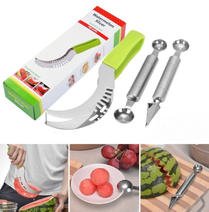 Three-in-one creative kitchen gadgets fruit watermelon cut + carving knife + double-headed fruit digging knife three-piece set
