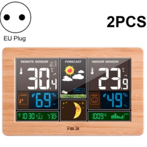 2 PCS FUJU Wood Grain Weather Station Digital Clock Alarm Thermometer Hygrometer(EU Plug Yellow)