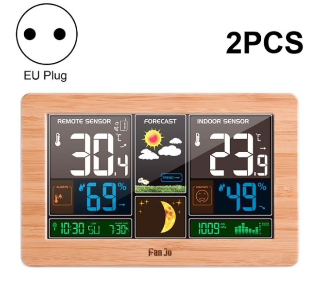2 PCS FUJU Wood Grain Weather Station Digital Clock Alarm Thermometer Hygrometer(EU Plug Yellow)