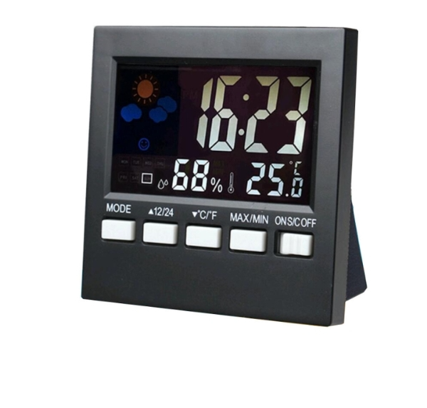 HTC-1 Household Thermometer And Hygrometer Color Screen Weather Station Thermometer Electronic Clock Alarm(Black)