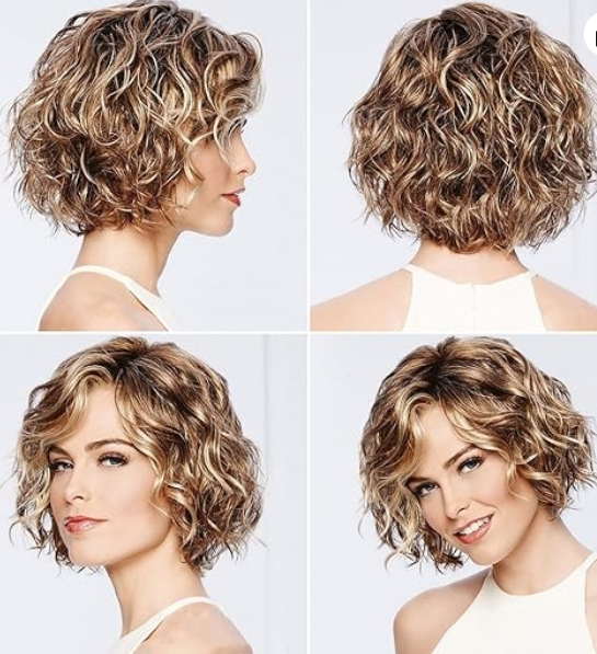 SANGHAI Peruca sintética feminina, curto, encaracolado, destaques, cabelo ondulado, charmoso, elegante, peruca de cabelo