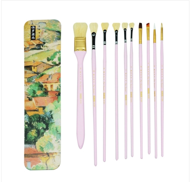 10pcs/set Fine art pig bristle fishtail gouache brushes with iron box