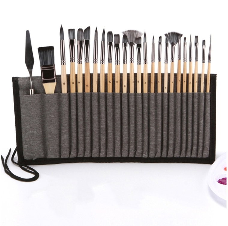 24 In 1 Nylon Wool Brush Canvas Storage Bag Set Oil Painting Gouache Watercolor Brush(Wooden Brushesx24+Storage Bag)