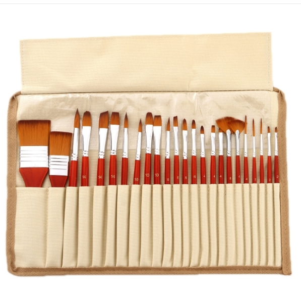 24pcs/set Canvas bag nylon hair gouache oil brush set (red rod)