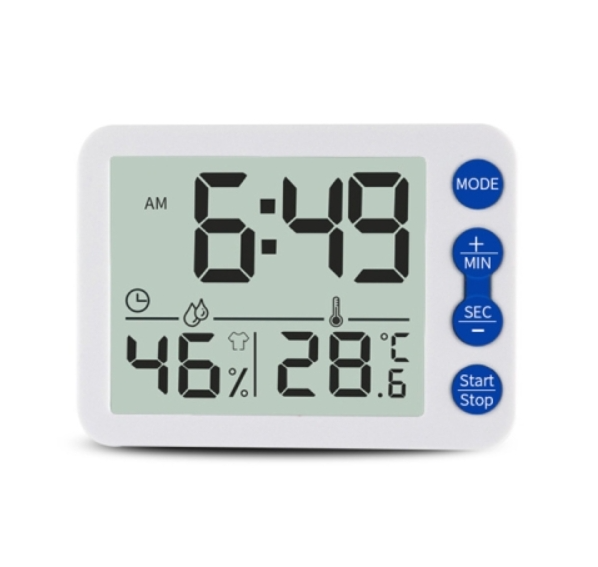 TS-9606-WL Large Alarm Clock Timer Temperature and Humidity Meter (White Case with Blue Keys)
