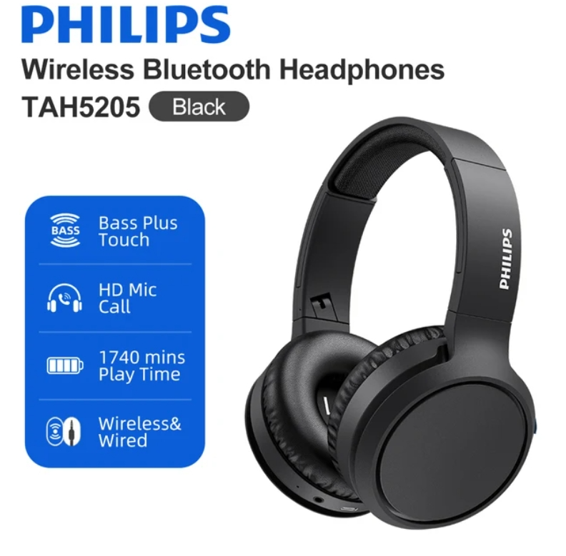 Philips Headphones Wireless Bluetooth 5.0 Bass Plus Touch 40mm Driver 29H Play Time Hd Call Mic Wireless Wired Switching TAH5205