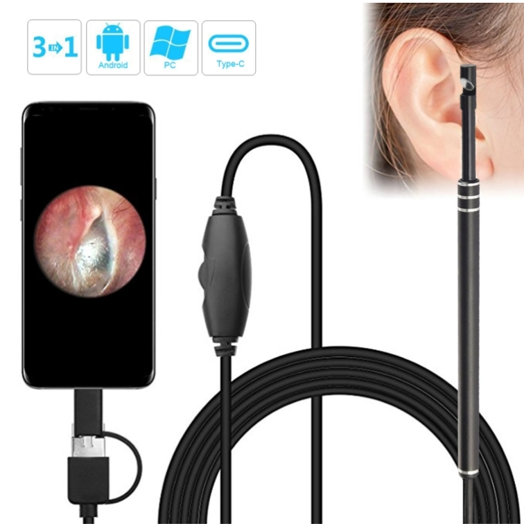 i96 3 in 1 USB Ear Scope Inspection HD 0.3MP Camera Visual Ear Spoon for OTG Android Phones & PC & MacBook, 1.85m Length Cable(Black)