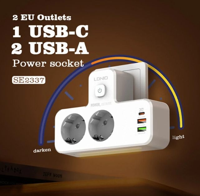 LDNIO SE2337 20W 5-Port USB PD Charger with 2 EU Outputs+2USB-A+USB-C PD QC3.0 Fast Charging Wall Charger Adapter EU Plug for iPhone 15 14 13 for Huaw