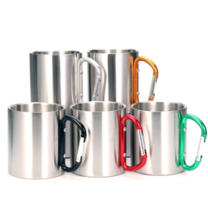 Stainless steel double-layered mug, water cup, coffee cup with carabiner, random colors