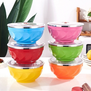 6 pieces/set sold 17cm double-layer stainless steel bowl with lid, children’s insulated rice bowl (6 colors)