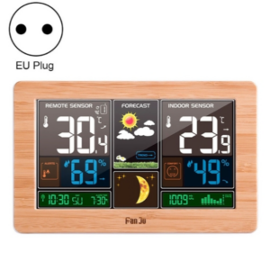 FUJU bamboo wood grain weather clock temperature and humidity meter LED screen alarm clock (European standard yellow)