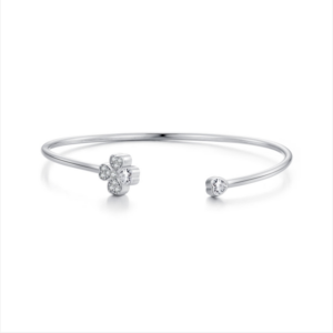 Sterling Silver S925 Plated White Gold Cubic Zirconia Four-Leaf Clover Open Bangle Jewelry