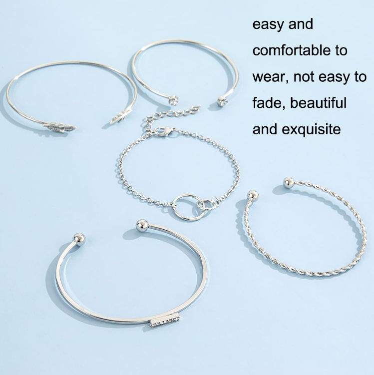 Leaf-Design Diamond-Studded Adjustable Bracelet with Circle and Herringbone Pattern
