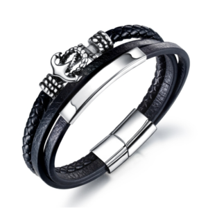 Stainless Steel Ship Anchor Men’s Leather Bracelet with Multi-Layer Woven Vintage Bracelet