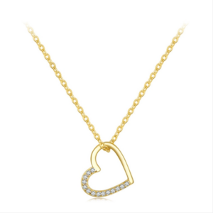 Sterling Silver S925 Cubic Zirconia Simple and Fashionable Hollow Heart Necklace (Color: Gold)