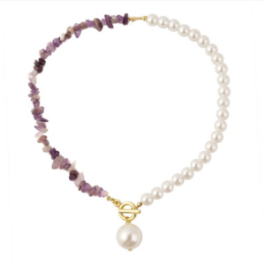 Bohemian Colorful Natural Stone Necklace, Model: N2106-22 Purple Stone Single Chain