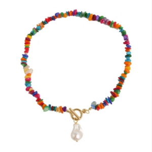 Bohemian Multicolored Natural Stone Necklace, Model: N2105-9 with Colored Stone and Pearl Pendant