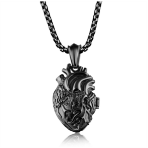 Customizable Titanium Steel Heart Pendant with Openable Feature, Color: Black Large Size + 4x60cm Pearl Chain