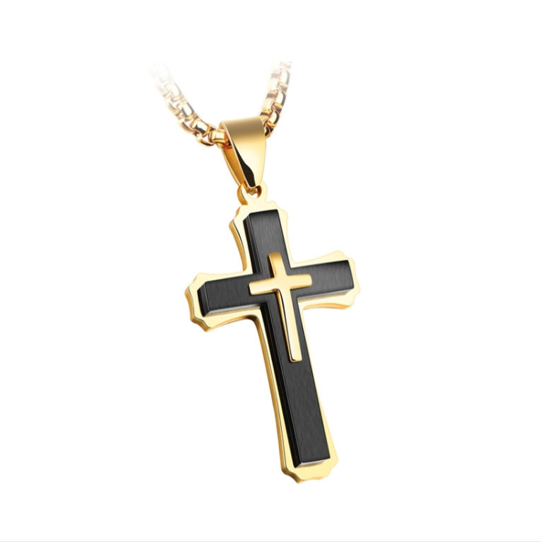 Three-layer Cross Necklace, Titanium Steel Men's Necklace, Color: Black Single Pendant