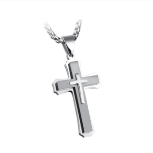 Three-layer Cross Necklace, Titanium Steel Men’s Necklace, Color: Natural Tone Pendant with 3x55cm Pearl Chain