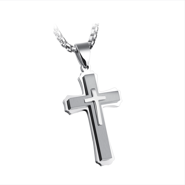 Three-layer Cross Necklace, Titanium Steel Men's Necklace, Color: Natural Tone Pendant with 3x55cm Pearl Chain