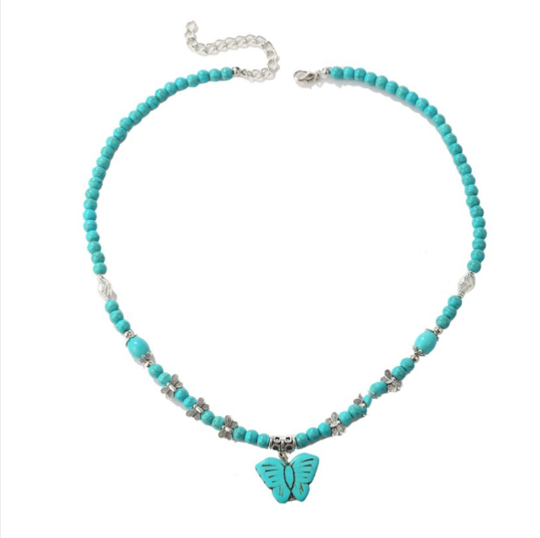 Bohemian Turquoise Natural Stone Sweater Retro Pendant, Model: N2203-14 Butterfly Design