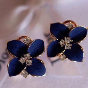 Ladies Camellia Design Bohemian Style Earrings (Blue with White Diamonds)