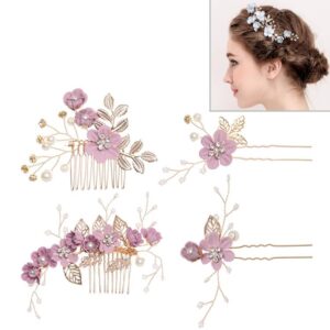 Fashionable flower hair comb, hair accessories, ball, bride, wedding hair accessories, golden leaf hair accessories, hair clips (purple four piece set