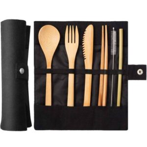Travel Creative Bamboo Straw Dinnerware Knives Fork Spoon Chopsticks Set with Cloth Bag(Black)