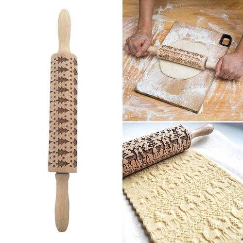 Christmas Embossing Rolling Pin Baking Cookies Fondant Cake Dough Engraved Roller(43cm Christmas tree)