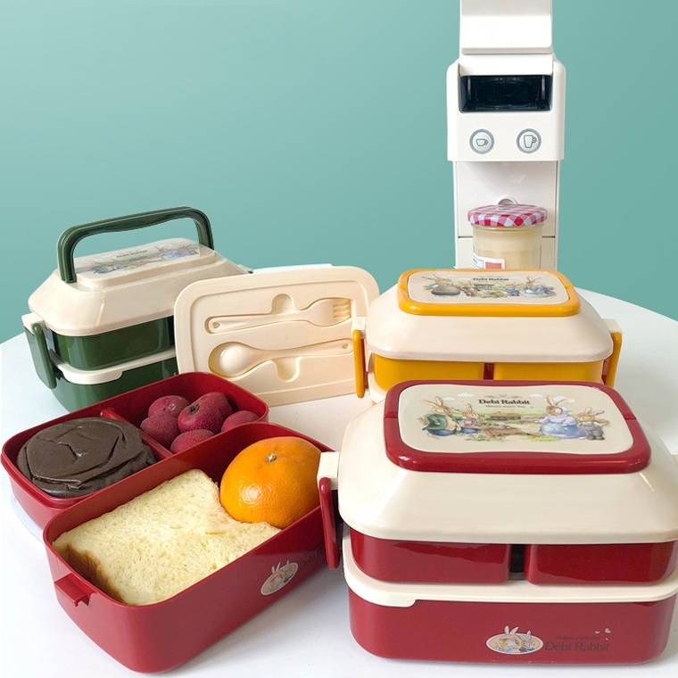 Cute Rabbit Double Layer Plastic Lunch Box Large Capacity Portable Lunch Box