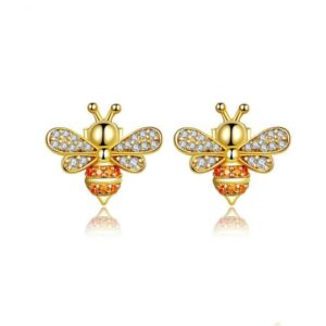 S925 Sterling Silver Earrings with Gold Bee Set Zircon Sterling Silver Earrings
