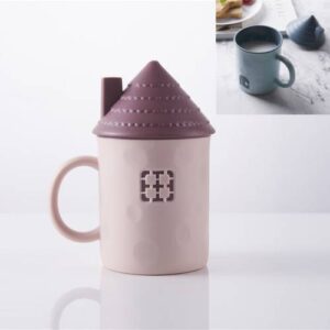 Children Creative Small House Mouth Cup with Lid Dustproof Student Dormitory Drinking Cup Home Couple Cup(Pink)
