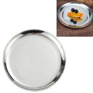 Stainless Steel Thickened Round Plate Cafe Tray Fruit Cake Plate Bone Plate Dish Shallow Plate, Diameter: 26cm, Style: Bright Mirror Silver