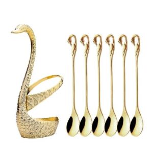Swan Fruit Fork And Spoon Set Dessert Fork Fruit Fork Rack Tableware Wedding Gift, Colour: Golden Stripe With 6 Spoons