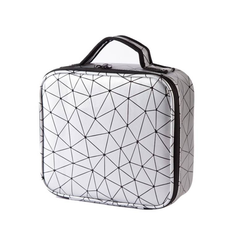 Waterproof cosmetic case with partitions cosmetic bag large capacity rhombus PU cosmetic storage box (silver white)