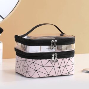 Transparent diamond double-layer cosmetic bag portable portable travel storage multi-functional bag (pink)